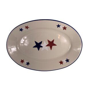 Hartstone Pottery American Star Oval Platter Red White Blue USA 12 1/2 Inches